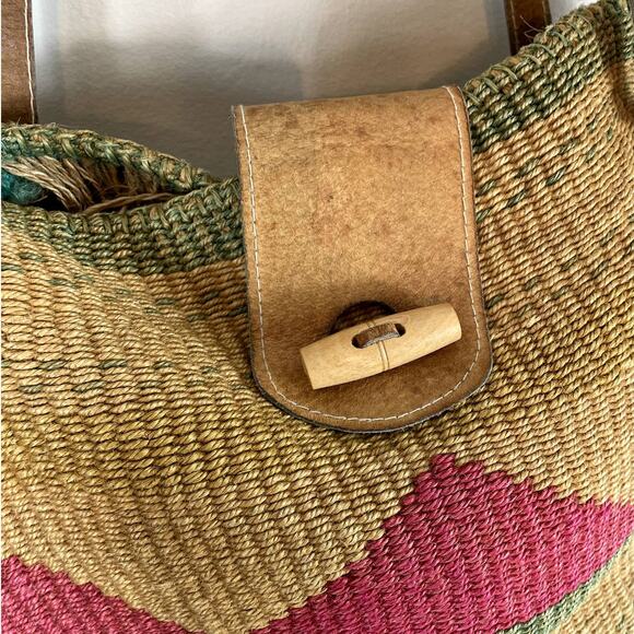 Vintage Woven Sisal Jute Shoulder Bag Market Tote Leather Handles Boho Multi - Picture 9 of 10